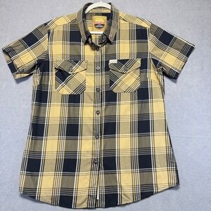 Dixxon Flannel Co Drexyl Short Sleeve Bamboo Blend Plaid Shirt Tan Black Women L